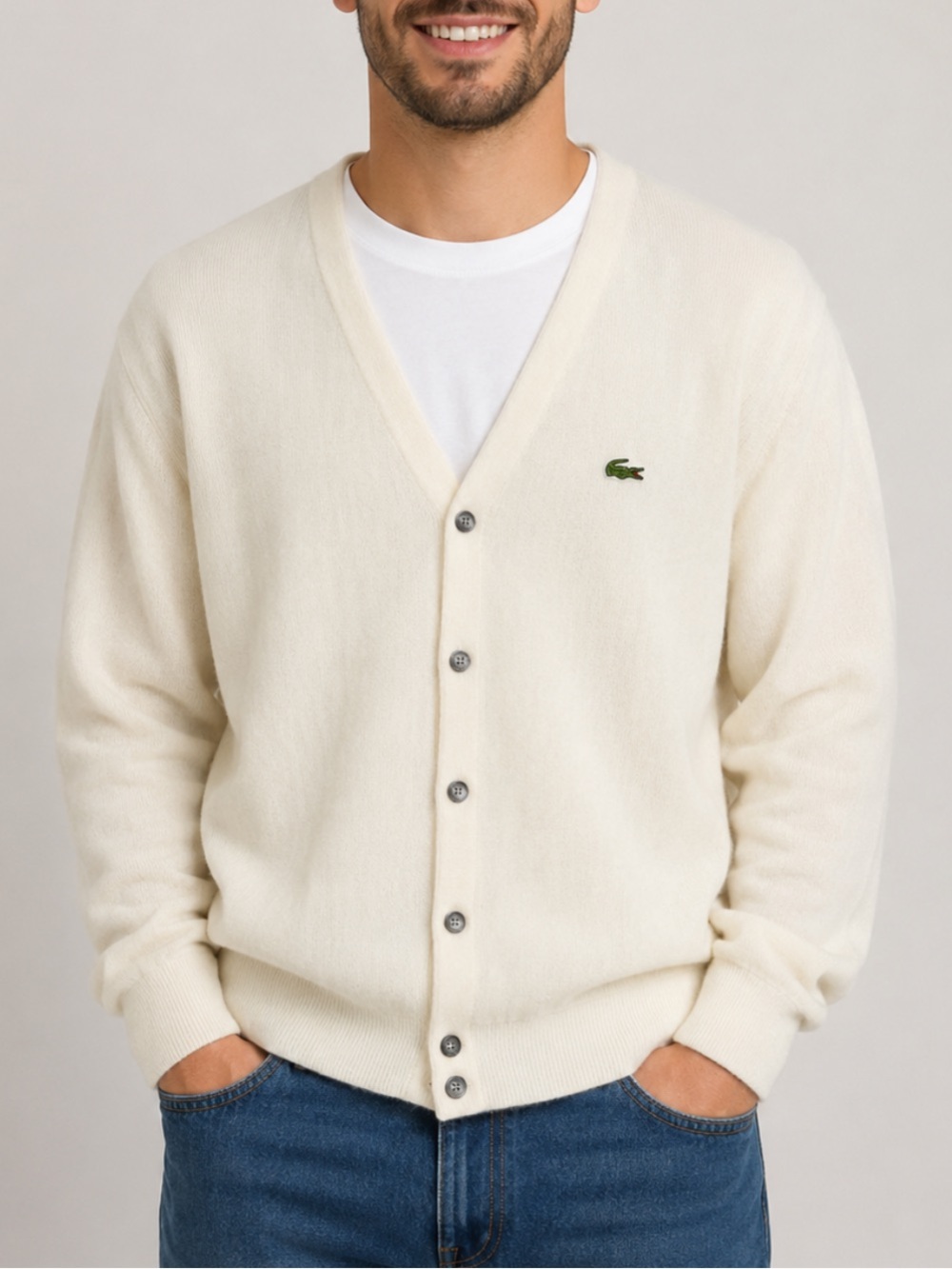 Lacoste Vintage Men's Cream Button-Up V-Neck Cardigan